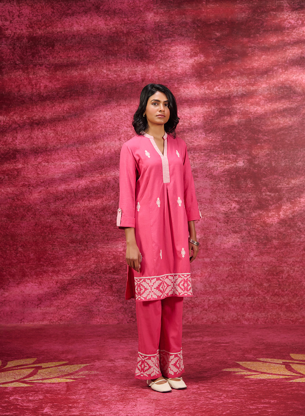 Full front view of Nayaab Watermelon Pink Embroidered Cotton Kurta Set