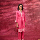 Nayaab Watermelon Pink Embroidered Cotton Kurta Set for Women