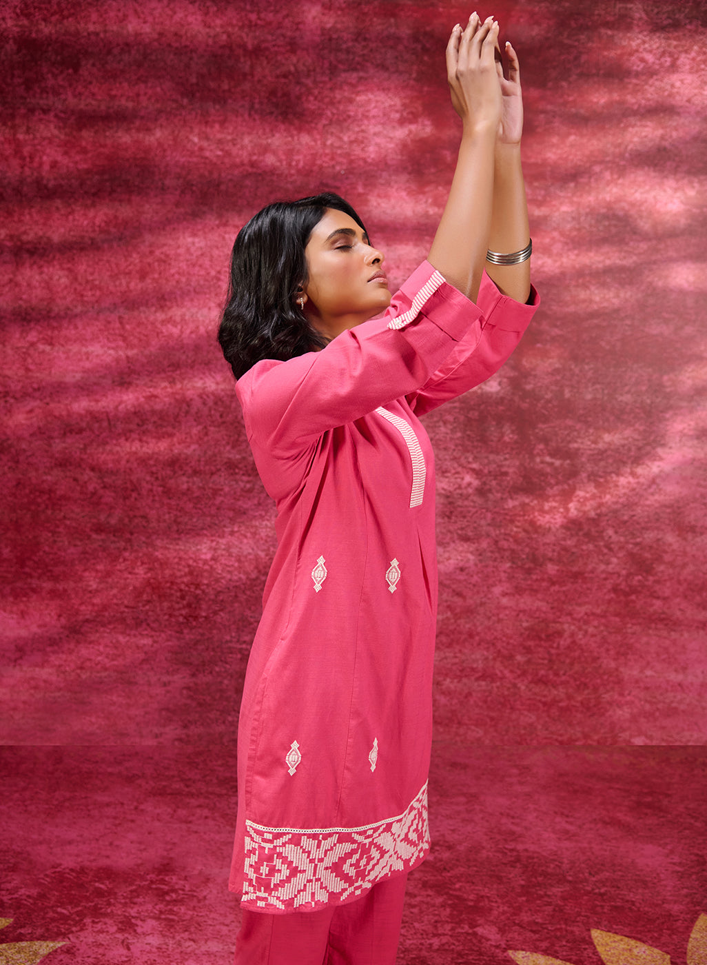 Side view of Nayaab Watermelon Pink Embroidered Cotton Kurta Set