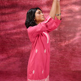 Side view of Nayaab Watermelon Pink Embroidered Cotton Kurta Set