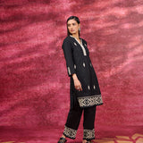 Nayaab Black Embroidered Cotton Kurta Set for Women