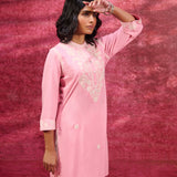 Saadgi Carnation Pink Embroidered Cotton Linen Tunic for Women