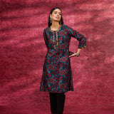 Layla Dark Teal Printed Chanderi Tunic for Women