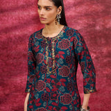 Layla Dark Teal Printed Chanderi Tunic for Women