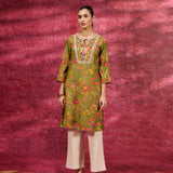 Meher Olive Printed Cotton Silk Kurta