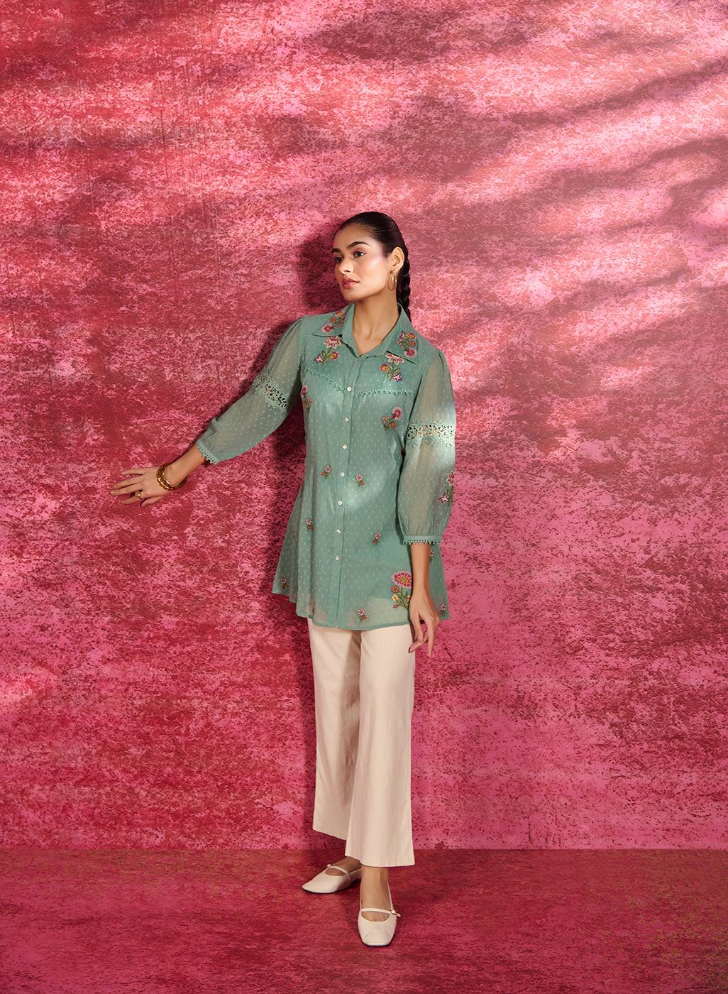 Wide view of Breeze Sea Green Embroidered Georgette Shirt