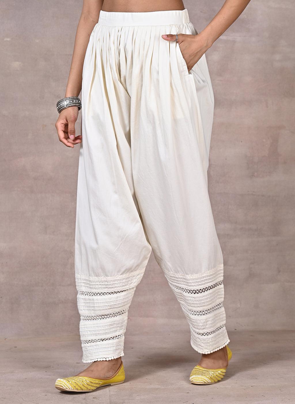 Ivory Salwar with Elastic Waist Band & Pleats - Lakshita