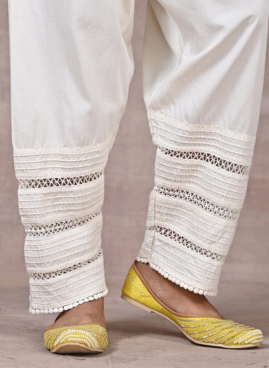 Ivory Salwar with Elastic Waist Band & Pleats - Lakshita