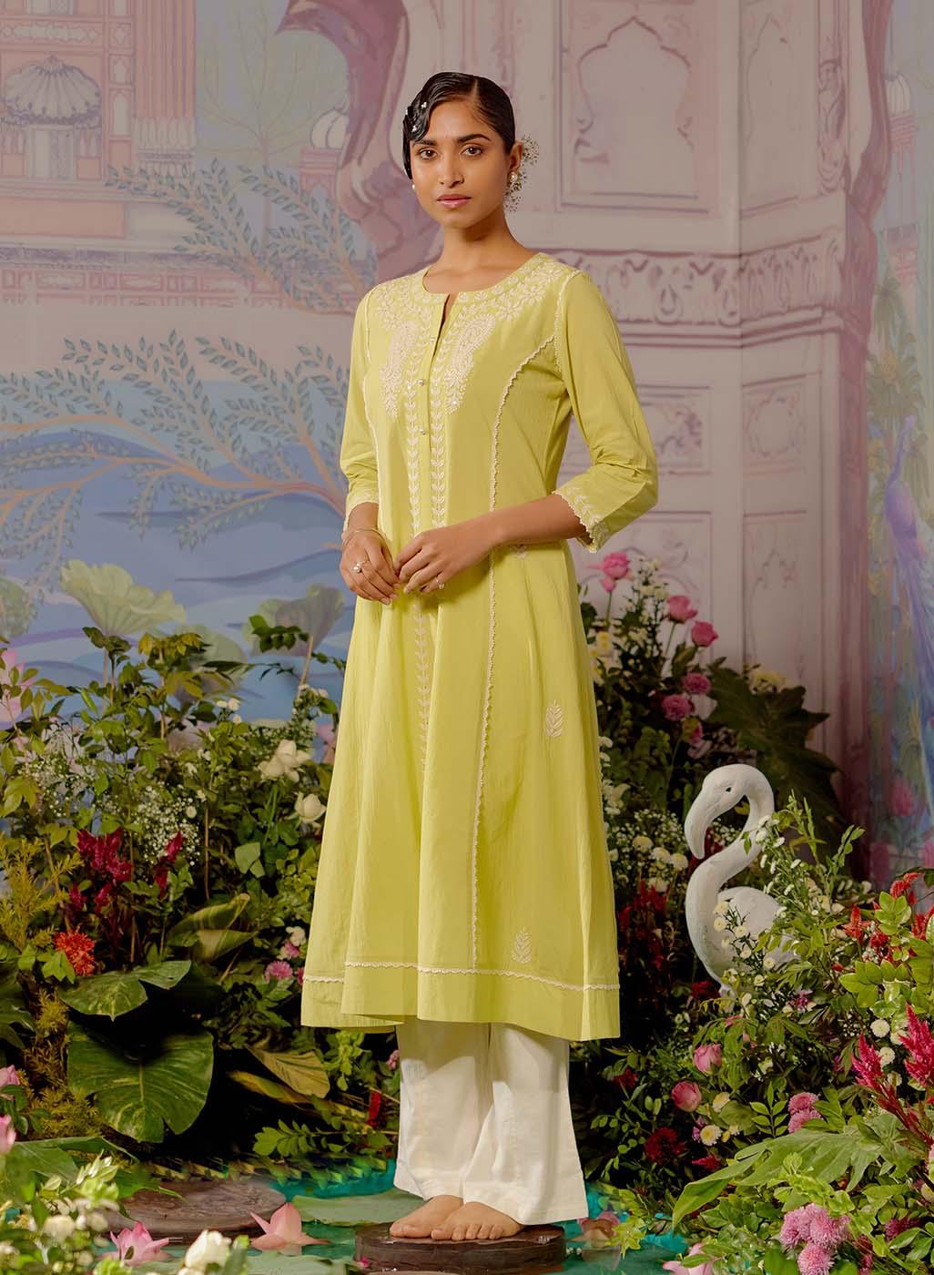 Green Round-neck Embroidered Straight Kurta for Women - Lakshita