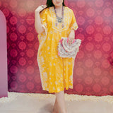 Yellow Cotton Printed Kaftan Kurta with Embroidery