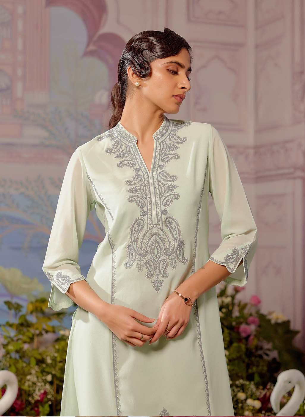 Spa Blue Embroidered Double Layered Straight Kurta - Lakshita