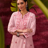 Gulaab Rose Pink Embroidered Cotton Linen Kurta Set for Women