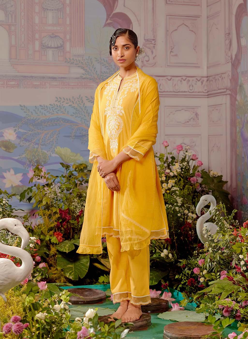 Yellow Embroidered 3 Pc. Kurta Set for Women with Organza Dupatta - Lakshita