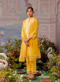 Yellow Embroidered 3 Pc. Kurta Set for Women with Organza Dupatta - Lakshita