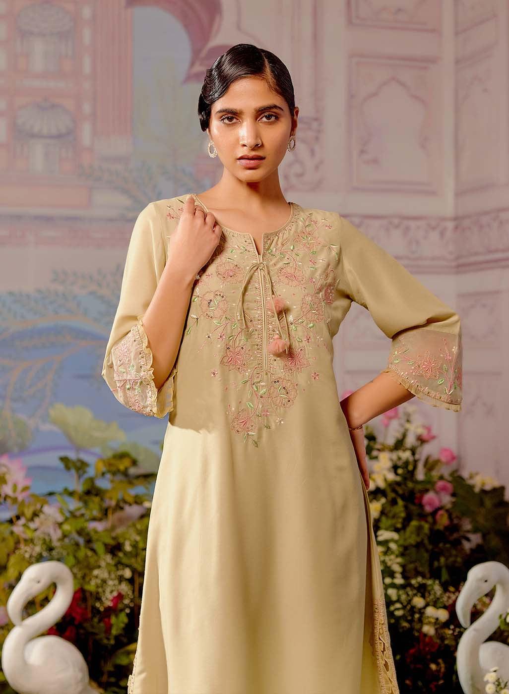 Green Silk Kurta Set with Elegant Embroidery - Lakshita