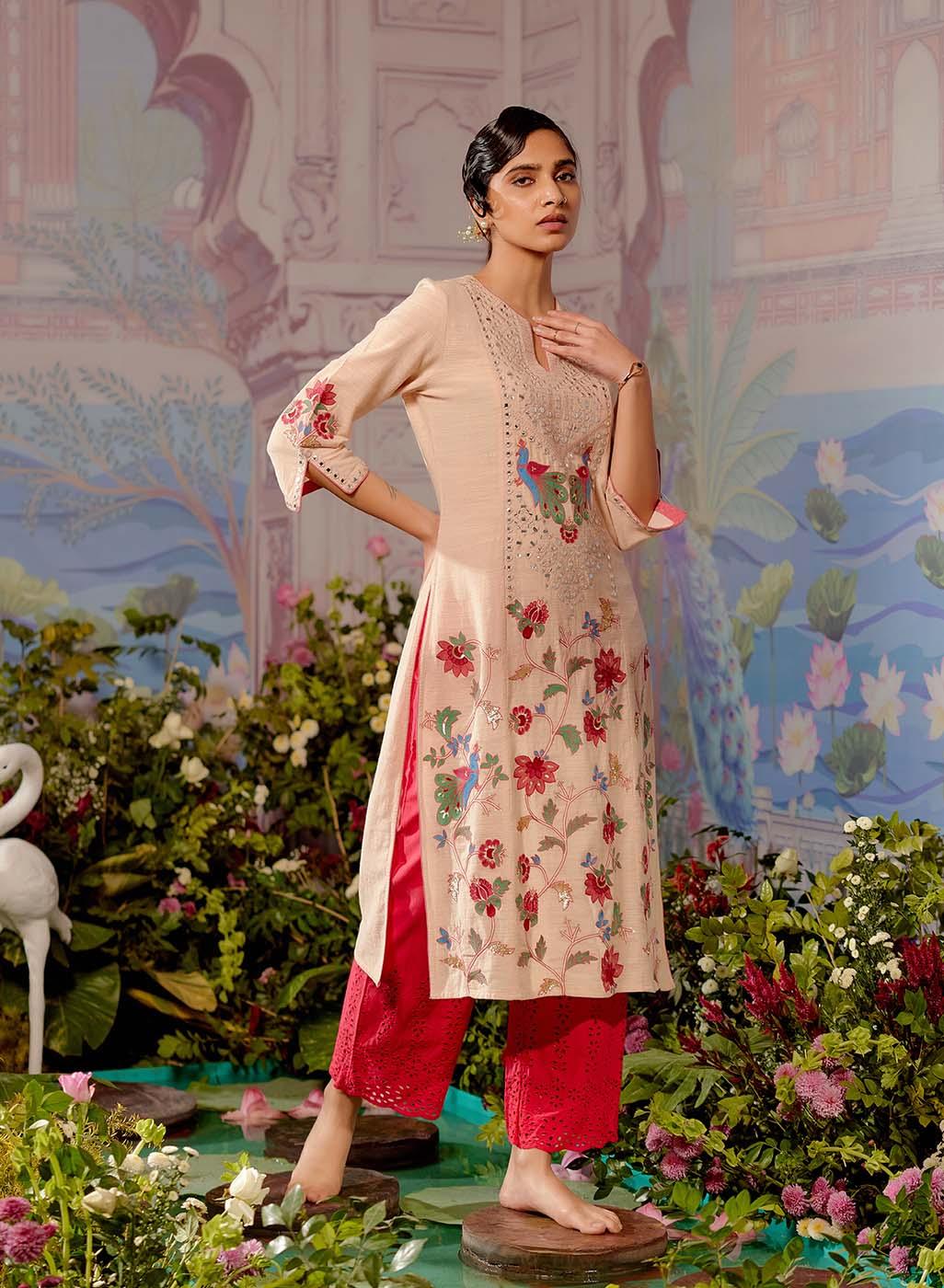 Pink Cotton Kurta with Mirror Work and 3/4th Sleeves - Lakshita