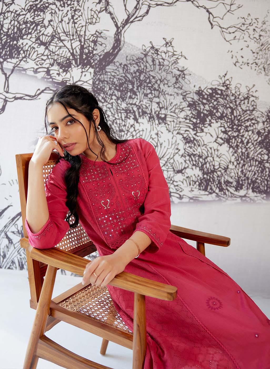 Red Mirror and Embroidery Long Kurta - Lakshita