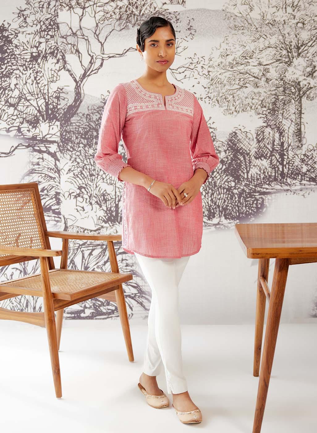 Fuchsia Round Neck Embroidered Tunic - Lakshita