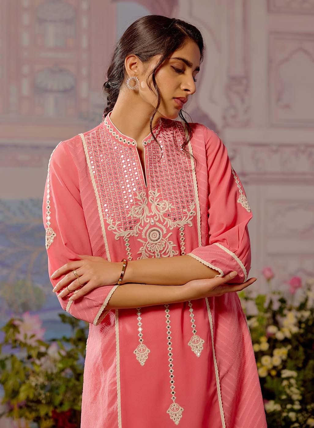 Pink Embroidered Kurta with Asymmetrical Hemline and Mandarin Collar - Lakshita