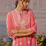 Pink Embroidered Kurta with Asymmetrical Hemline and Mandarin Collar - Lakshita