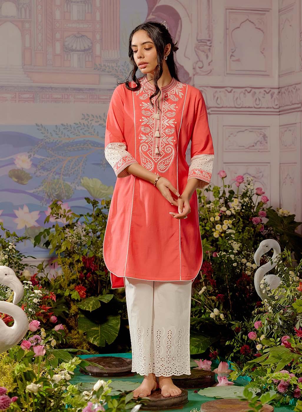 Peach Embroidered Kurta with Asymmetric Hem and Schiffili Detailing on the Sleeves - Lakshita