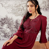 Wine Long Dress for Women with Dori Detail and Embroidery - Lakshita