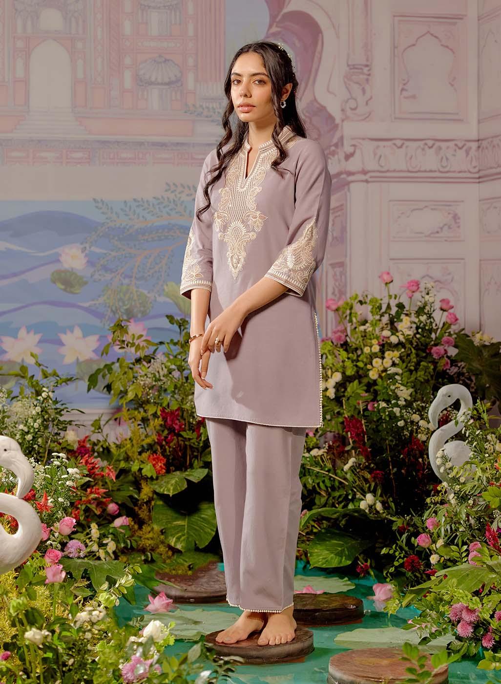 Lavender A-line Embroidered Georgette Kurta Set for Women - Lakshita