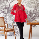 Red Thigh-length Boho Top with Collar and Full Sleeves - Lakshita