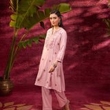 Gulaab Rose Pink Embroidered Cotton Linen Kurta Set for Women