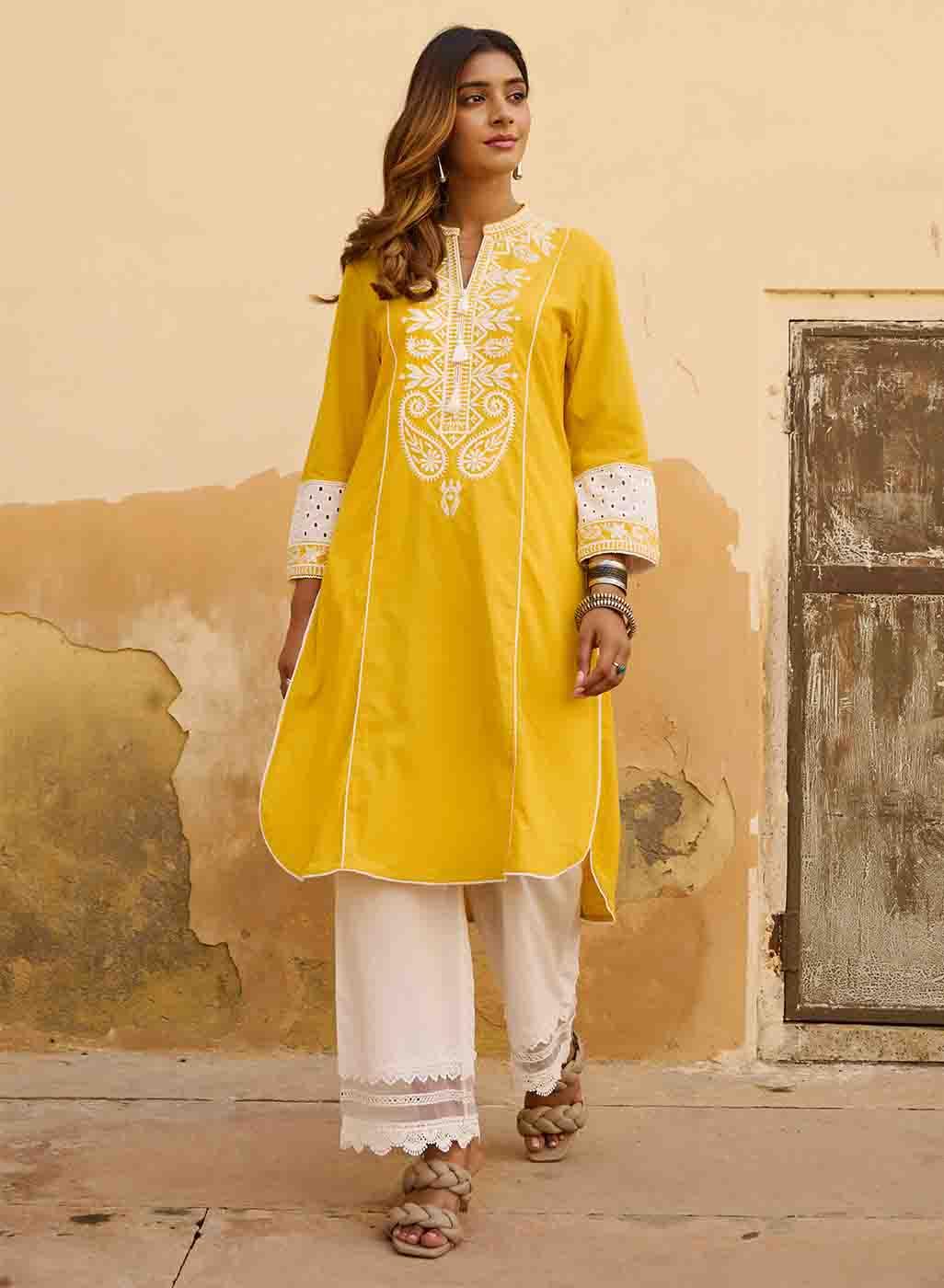 Yellow Embroidered Kurta with Asymmetric Hem and Schiffili Detailing on the Sleeves - Lakshita