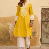 Yellow Embroidered Kurta with Asymmetric Hem and Schiffili Detailing on the Sleeves - Lakshita