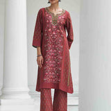 Fuchsia Kurta Set with Round neck and Contrast Front Placket