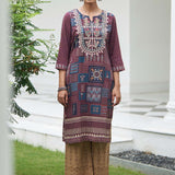 Maroon Printed Embroidered Kurta with Embellished Front Yoke