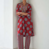 Red Printed Kurta Set with V Neck and Sequins Work