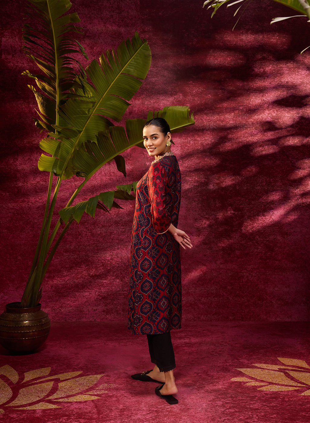 Side view of Taara Maroon Printed Viscose Silk Indo-Western Dress