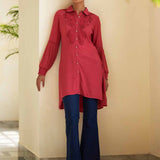 Watermelon Pink Kurti with Curved Hem and Pleated Sleeves