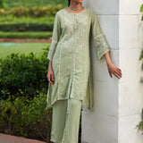 Green Sequined Kurta Set with Flared Asymmetric Hem