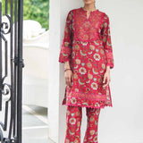 Fuchsia Floral Printed Modal Chanderi Kurta Set with Lace Work