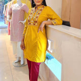 Mustard Embroidered Band Collar Tunic with Front Yoke Embroidery