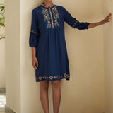 Solid Navy Blue Tunic with Stylish Gathered Sleeve