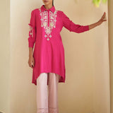 Pink Kurti with Embroidery and Gathered Cuff