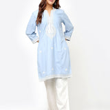Spa Blue V-Neck Kurti with Dori Embroidery & Sequins Work