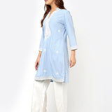 Spa Blue V-Neck Kurti with Dori Embroidery & Sequins Work