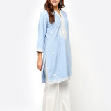 Spa Blue V-Neck Kurti with Dori Embroidery & Sequins Work