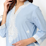 Spa Blue V-Neck Kurti with Dori Embroidery & Sequins Work