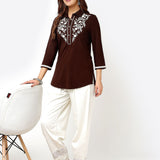 Brown Stretchable Kurti for Women with Threadwork and Lace Work