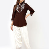 Brown Stretchable Kurti for Women with Threadwork and Lace Work