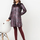 Maroon Printed Velvet Kurti for Women with Classic Collar and Button Detailing