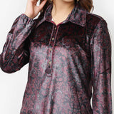 Maroon Printed Velvet Kurti for Women with Classic Collar and Button Detailing