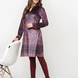 Maroon Printed Velvet Straight Kurta with Neck Embellishment